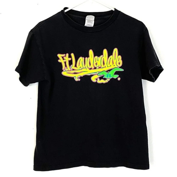 Vintage 90s Tshirt Mens Size Small Unisex Neon Black Ft Lauderdale Print Tee T - Picture 1 of 7